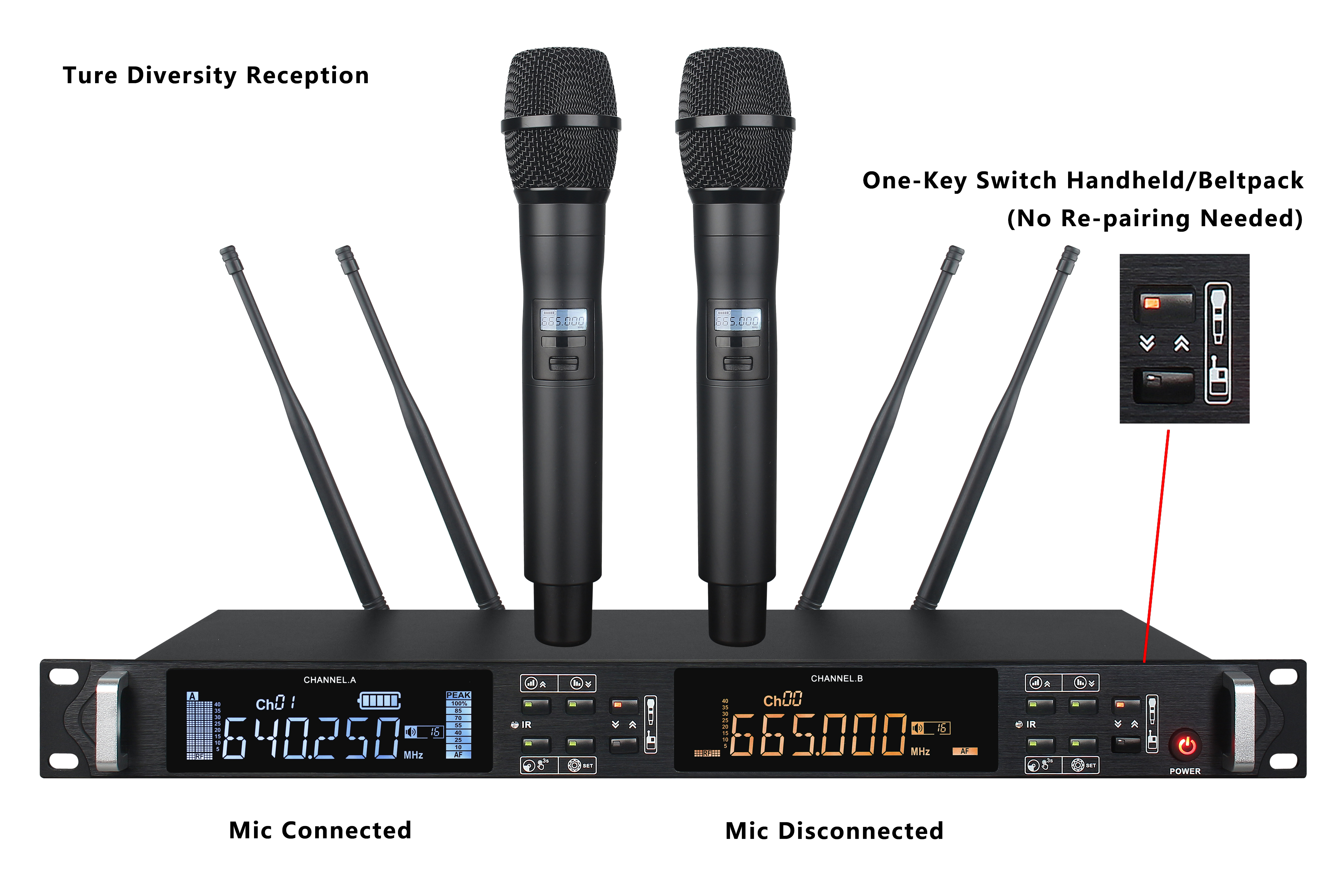 HOT-6800 Ture Diversity Two Channel UHF Wireless Microphone System